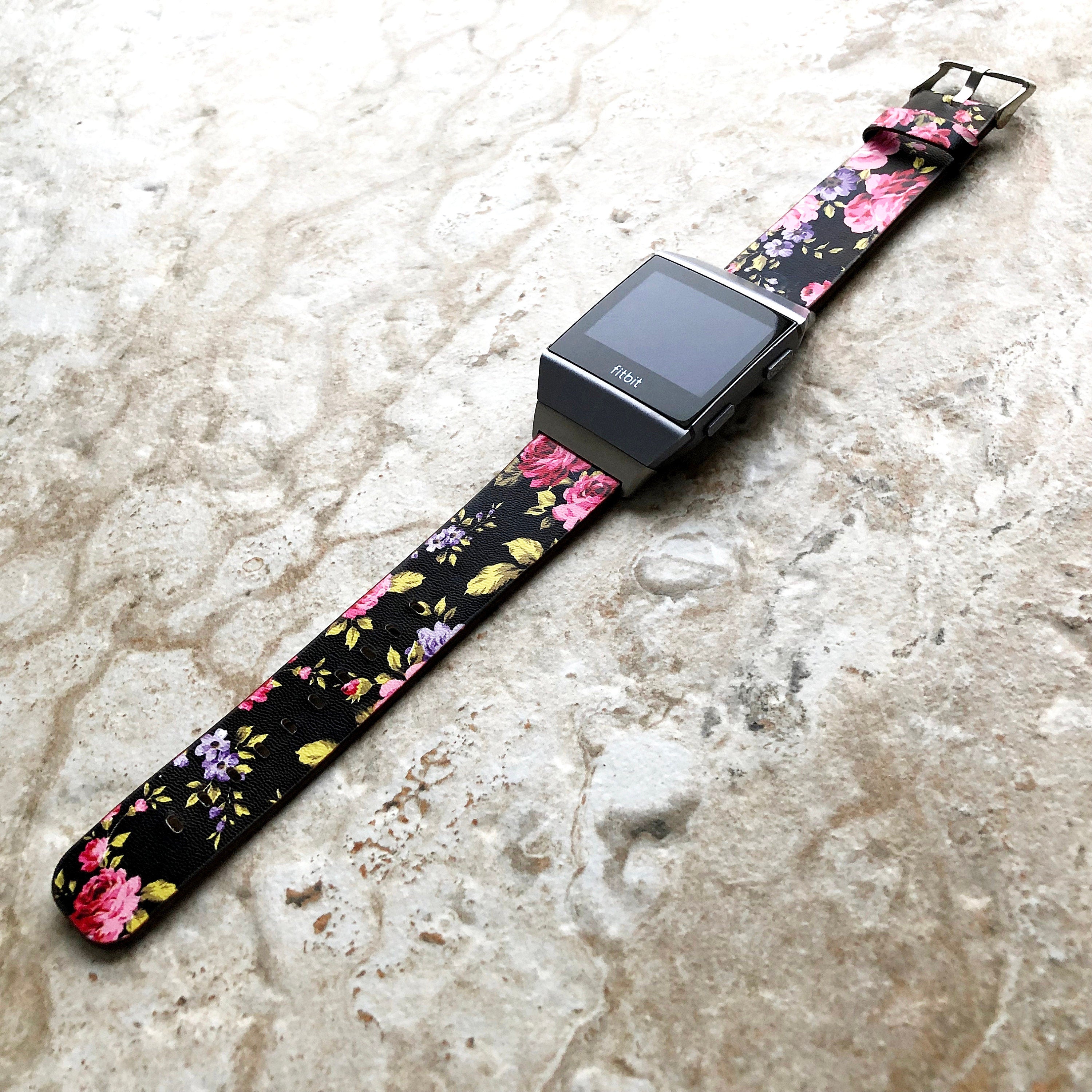 Fitbit Ionic Red Black Floral FL-5 Soft Leather Band Strap for Watch Band Strap with Quick Release Adapters in Silver Rose Gold Black